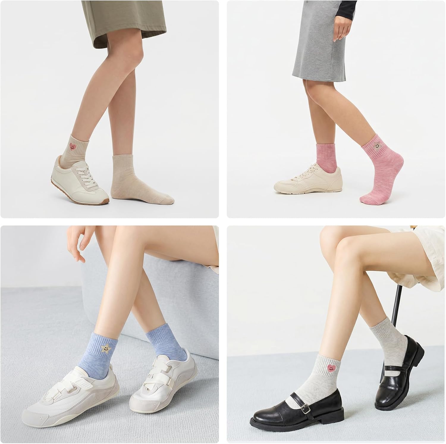 6 Pairs Women Cute Colorful Embroidered Cotton Casual Quarter Socks with Smile Face Valentine Heart Star Pattern