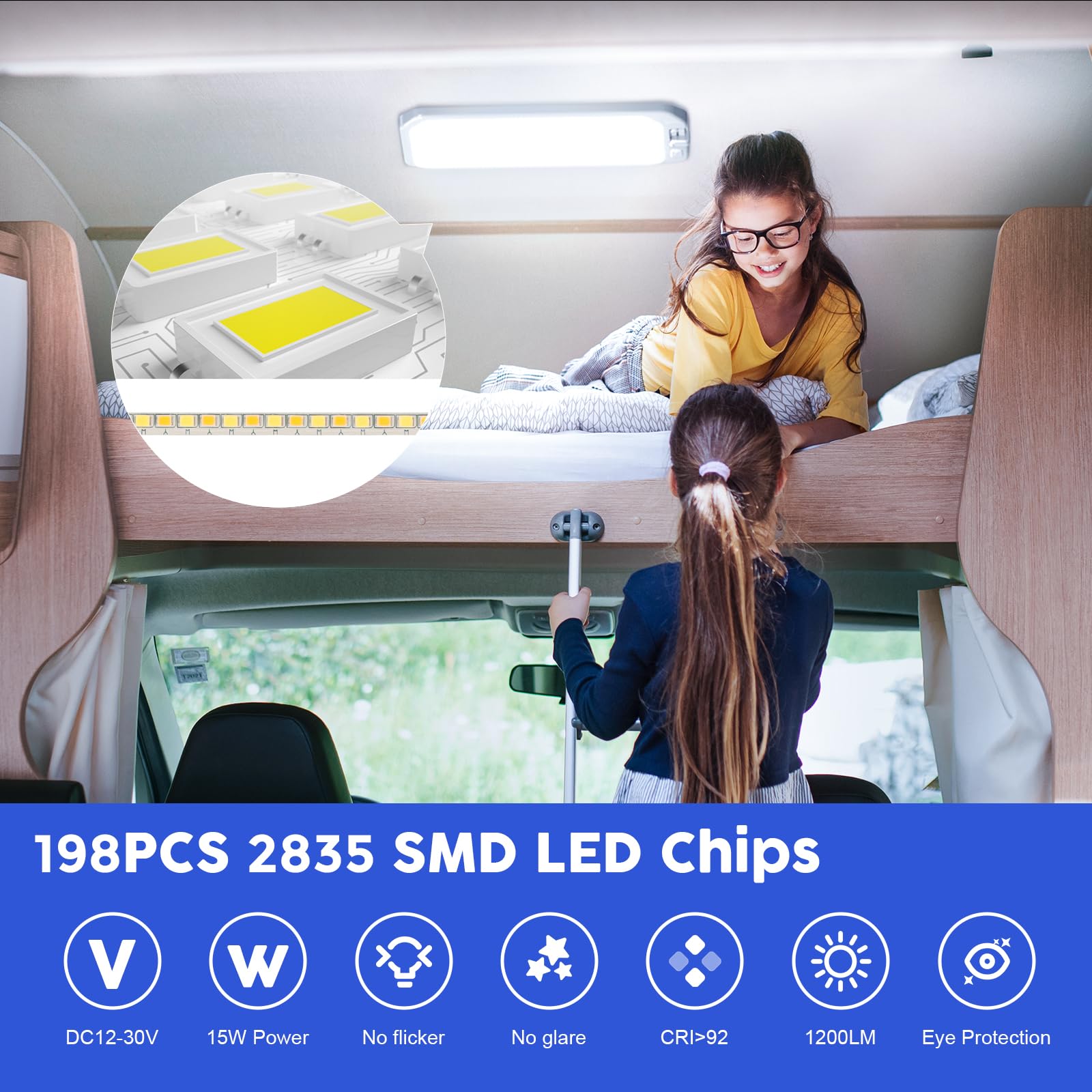 Plafoniera LED 12V Camper con Interruttore, 15W 1200LM Luci Camper Interno 12 V, 198 LEDs Plafoniera Interna per Rimorchio, Auto, Barca (Luce blu,1Pcs)