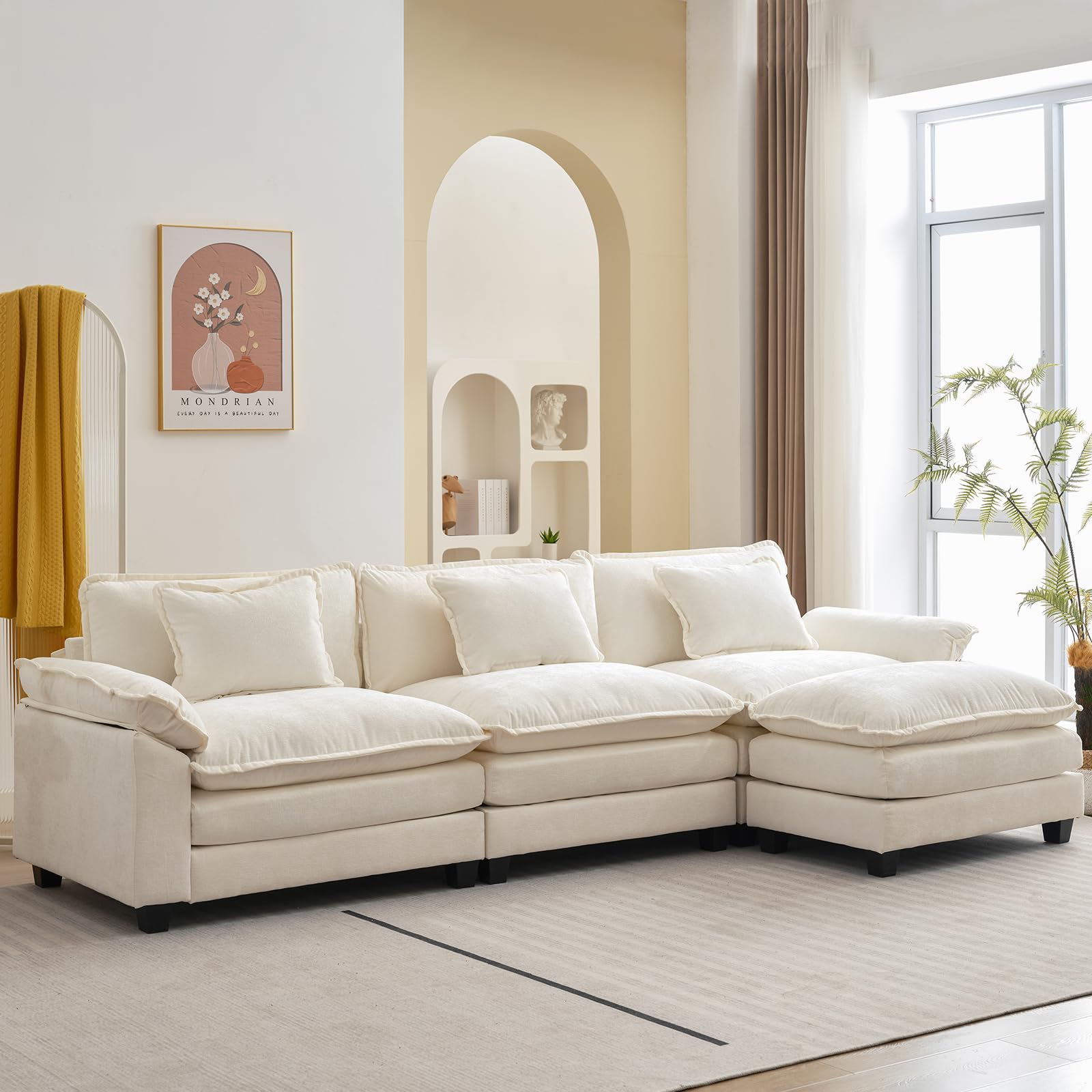 modular sectional sofa, comfy cloud couch sectional sofa with ottoman, chenille sofa sleeper deep seat sofa with throw pillows for living room (beige white, 120\"- l shape) incomplete missing boxes