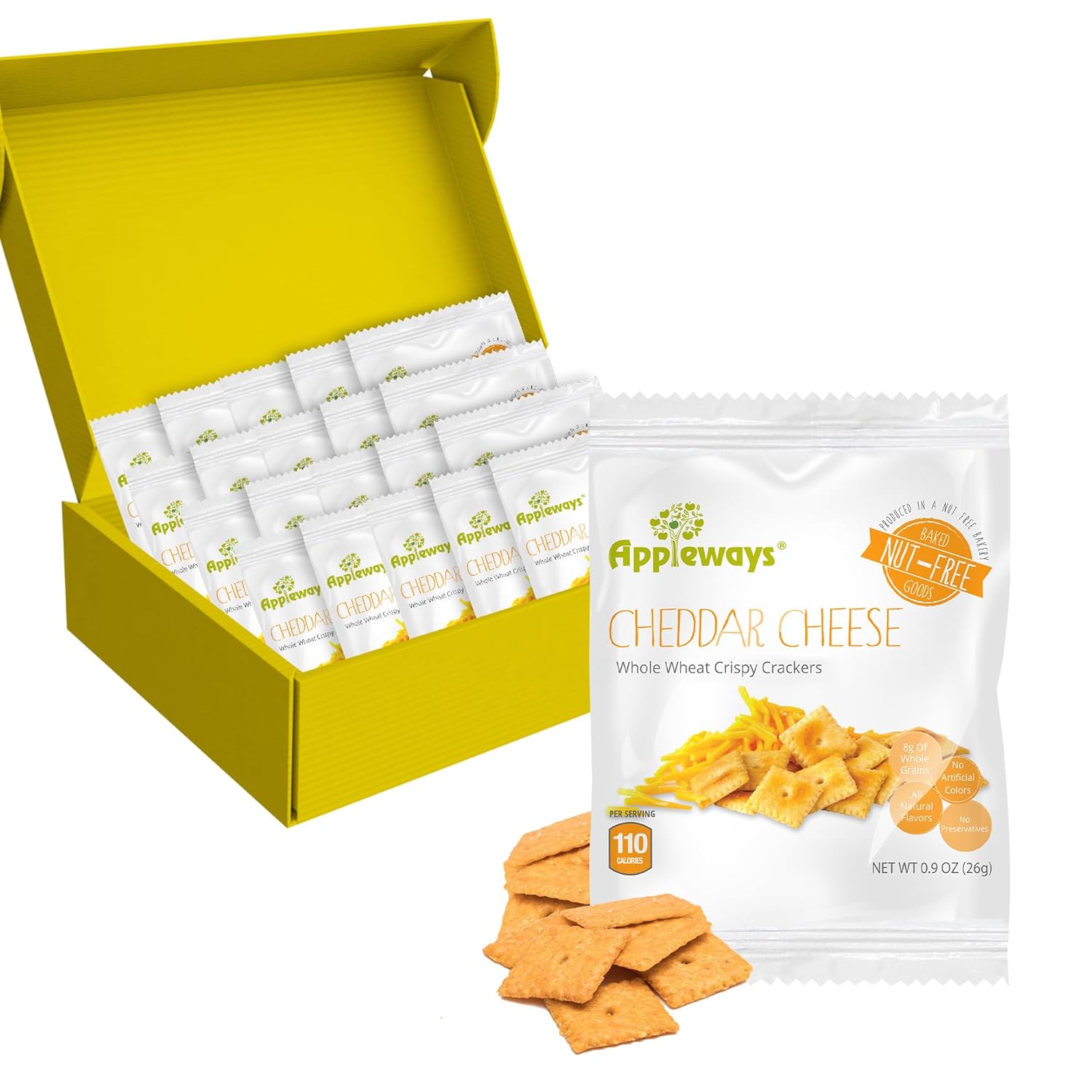 Appleways Cheddar Cheese Crackers Snack Packs, 0.9 oz, 20 Count - Crispy Whole Grain Crackers, Individually Wrapped Kids Snacks for School Lunches, Nut-Free, Healthy Snacks for Kids and Adults