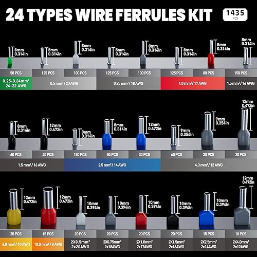 Miniatura 5 de PEBA Kit de herramientas de crimpado de virola con virolas de cobre púrpura de 24 tamaños, crimpadora de trinquete autoajustable y matrices de