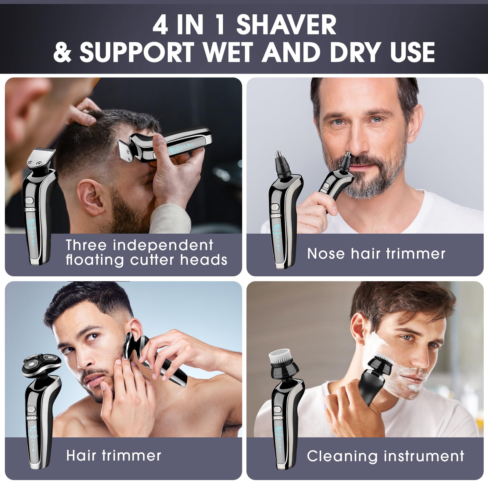 4 en 1 rasoir electriques hommes, Rasoir électrique, Tondeuse barbe homme avec Tête de brosse nettoyante Tondeuse à cheveux, tondeuse à poils de nez Utilisé sur toutes les parties du corps