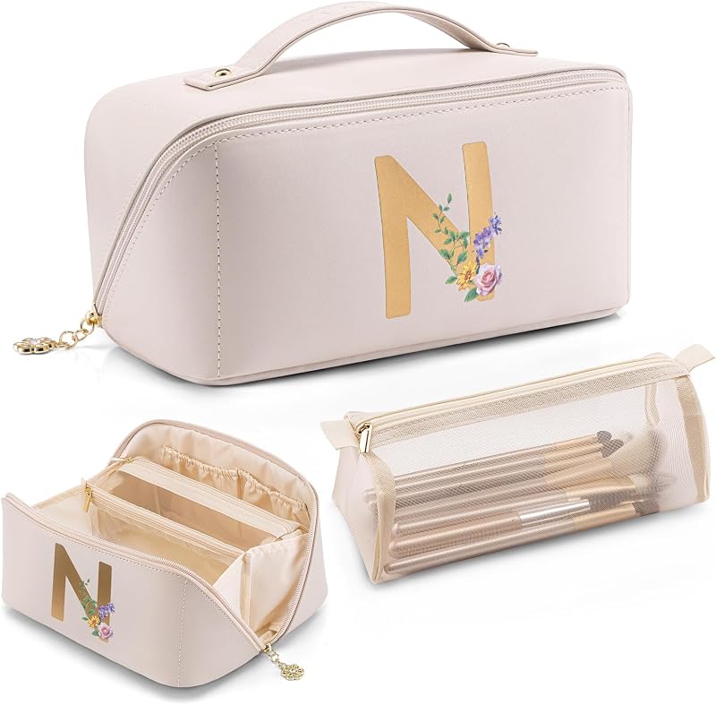 Necessaire de maquiagem VLANDO personalizada, Letter N, Off White