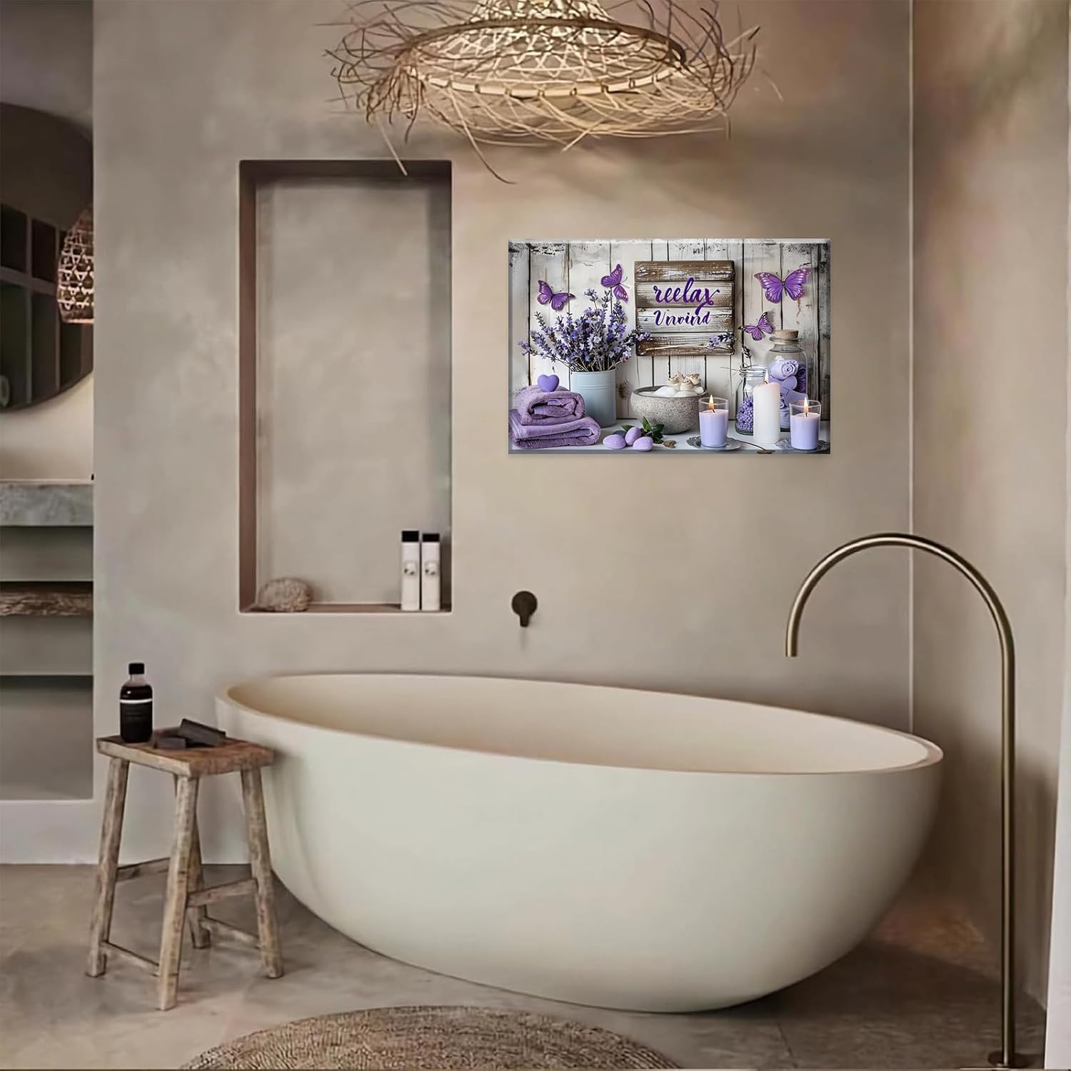 Purple Bathroom Canvas Wall Decor Relax Soak Canvas Wall Art Butterfly Floral Print Poster Artwrok Unwind Bathroom Washroom Painting Pictures 16x24 In