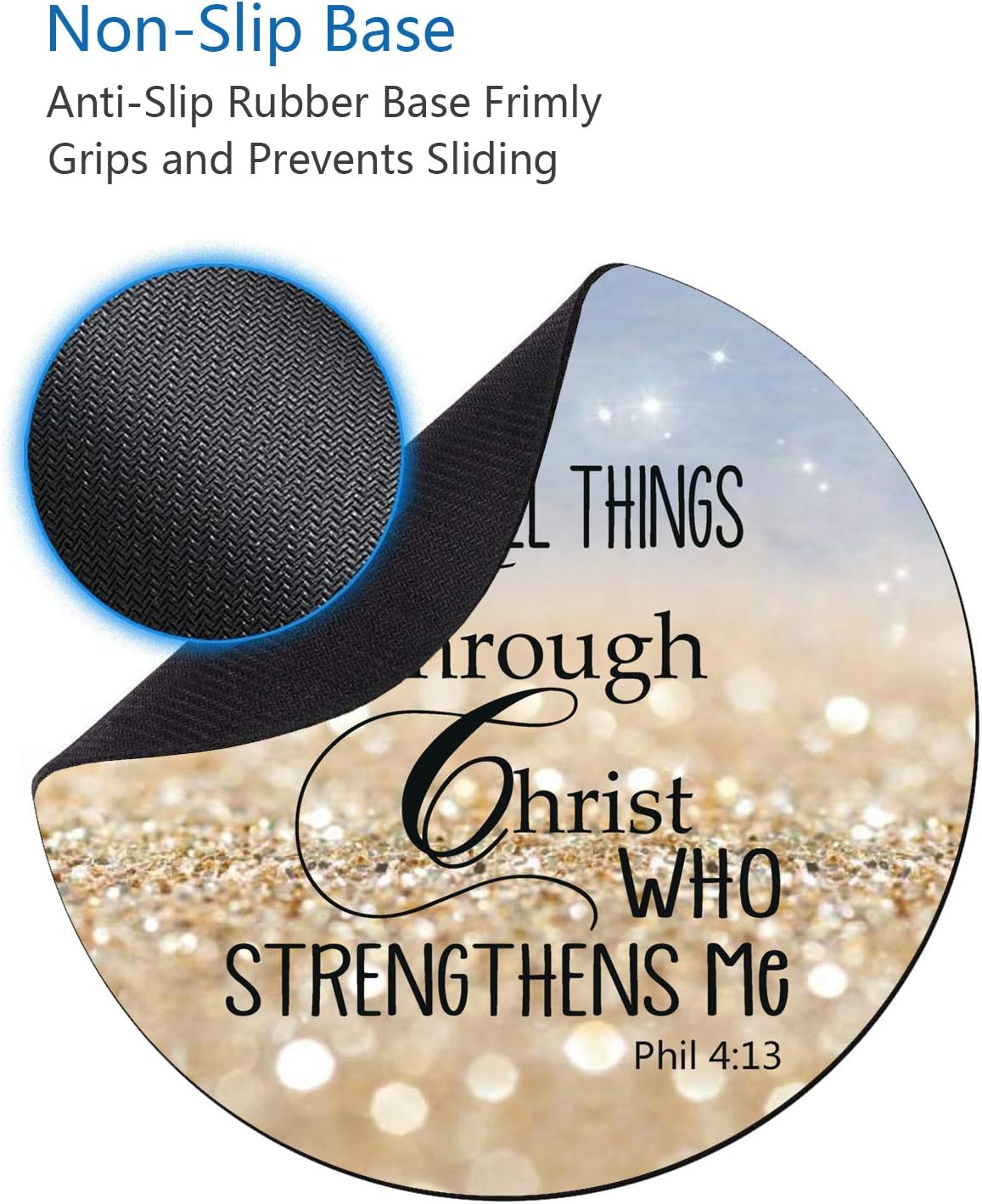 Round Mouse Pad and Coasters Set, Rainbow Glitter Mousepad, Inspirational Quotes Christian Bible Verse Phil 4-13 Mousepad, Non-Slip Rubber Base Mouse Pads for Laptop and Computer image 5