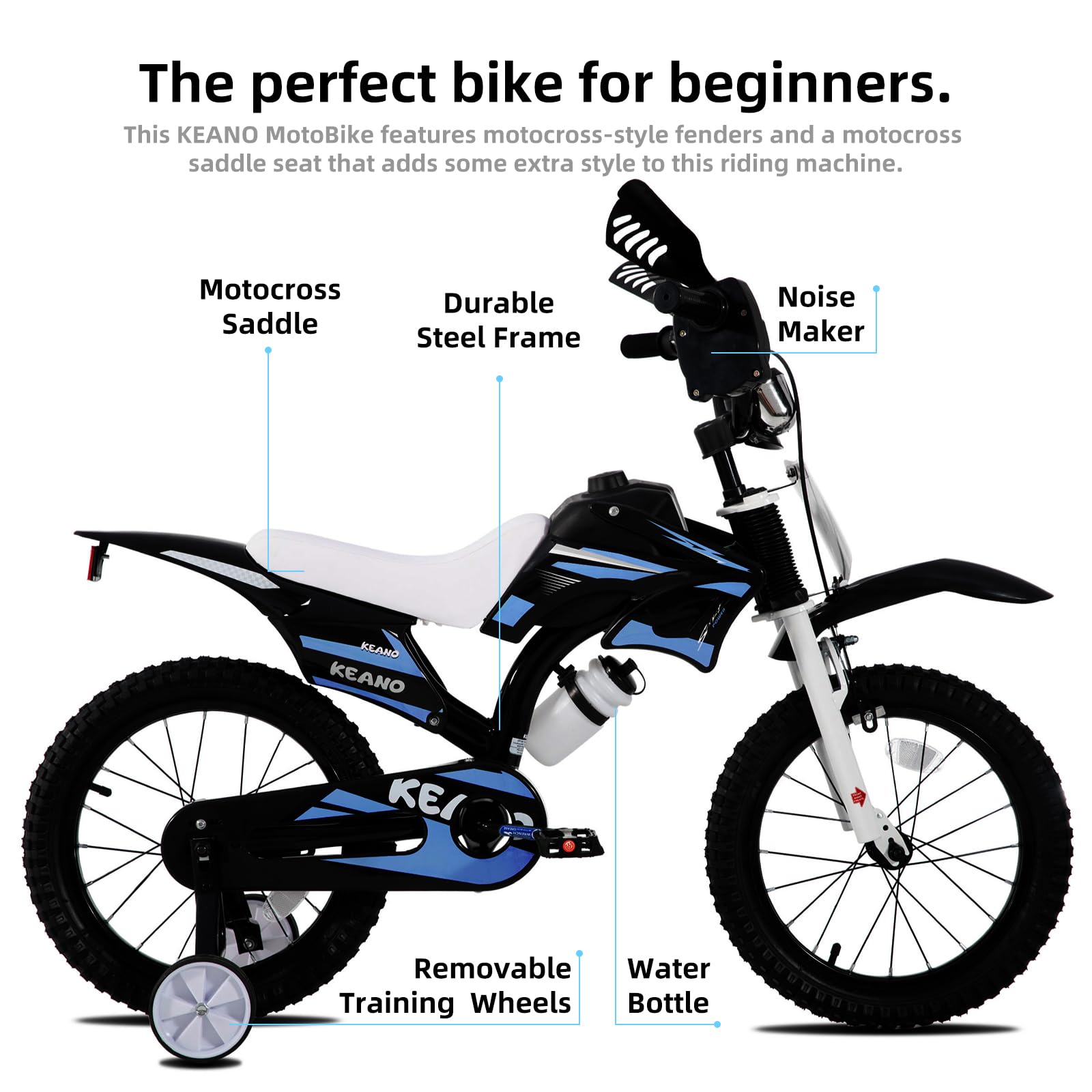 KEANO Motocross-Style-Kinderfahrrad für Jungen und Mädchen im Alter von 3–7 Jahren, 12- und 16-Zoll-Räder mit Stützrädern und Nummernschild, Kinderfahrräder in Schwarz