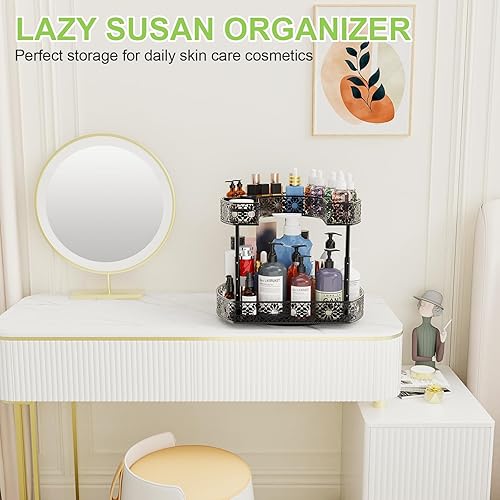 Miniatura 7 de Organizador de especias para gabinete, organizador de especias de 2 niveles con almohadilla antideslizante, organizador de tocadiscos Lazy Susan