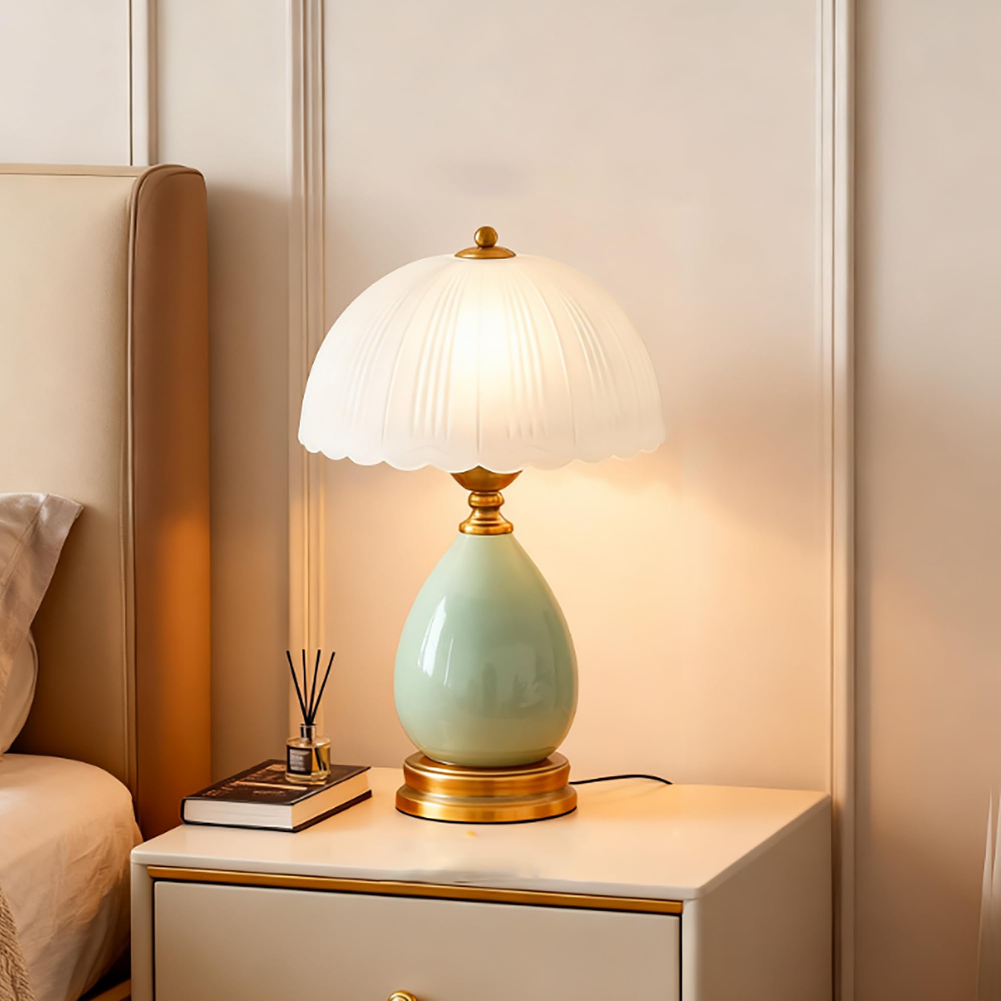 XINYASEE lámpara de mesa de cerámica,lámpara de cabecera,Lámparas de sobremesa con pantalla de vidrio esmerilado,Lámpara de noche,E27lámpara de mesilla de noche para salón dormitorio (Turquesa)