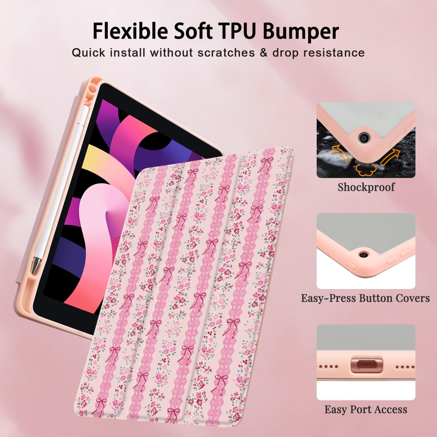Joyland Pink Bow & Floral for iPad 6th/5th Generation 9.7 Inch 2018/2017,iPad Air 2/Air 1 Case,Built-in Pencil Holder with Shockproof Cover Transparent Back Shell Auto Wake/Sleep,Pink