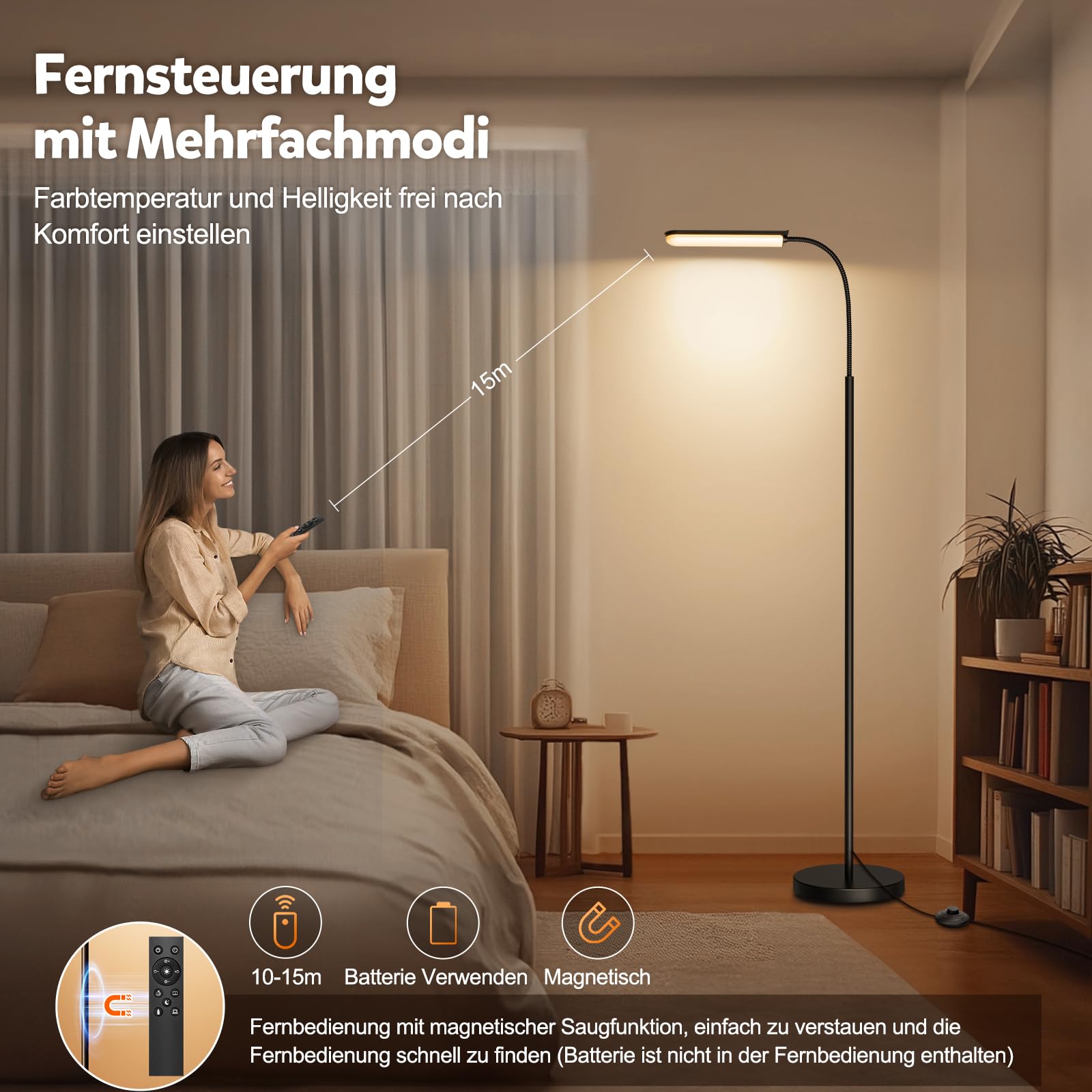 LED Stehlampe Dimmbar 18W 1650LM Schwarz,Standleuchte Wohnzimmer mit 360° Schwanenhals & Unendlich Dimmer (3000K-6500K),Leselampe Fernbedienung (Retro)