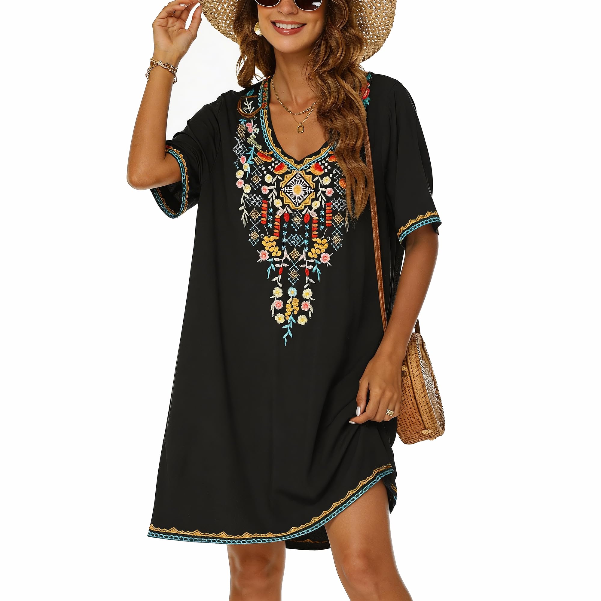 Women's Embroidered Mexican Peasant Dresses, Plus Size Fiesta Boho Dress for Women, Traditional Floral Bohemian Tunic