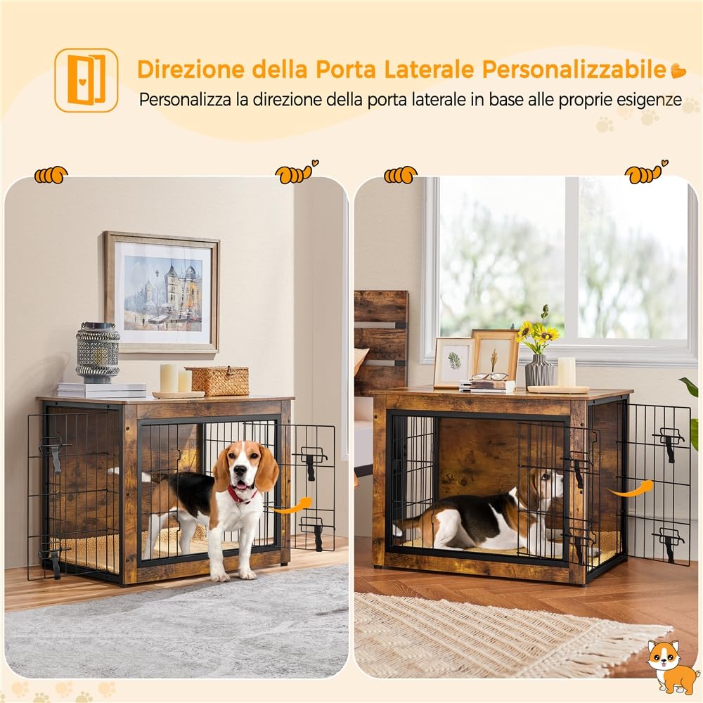 Yaheetech Gabbia per Cani Kennel Tavolino Armadietto con Doppie Porte Gatti a Rete in Legno da Interno 80,5 × 55,5 × 64 cm Marrone Rustico