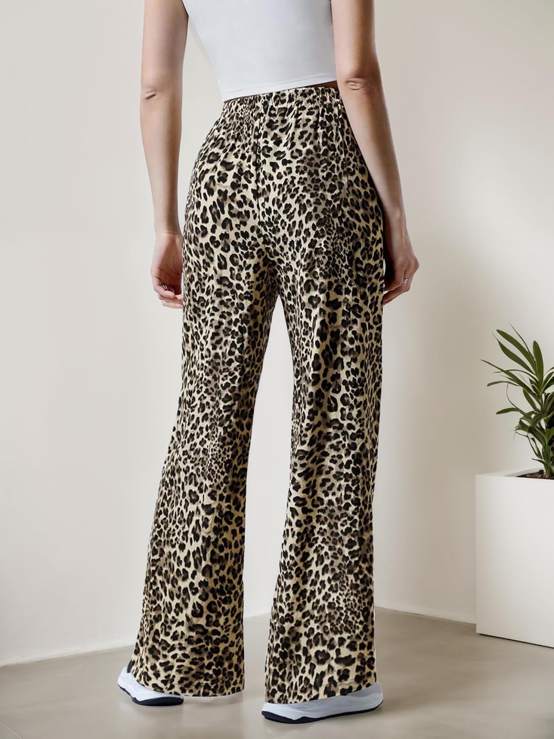 Womens Leopard Print Pants Drawstring Elastic Waist Straight Leg Lounge Pants Y2K Cheetah Pajama Trousers with Pockets - Image 2