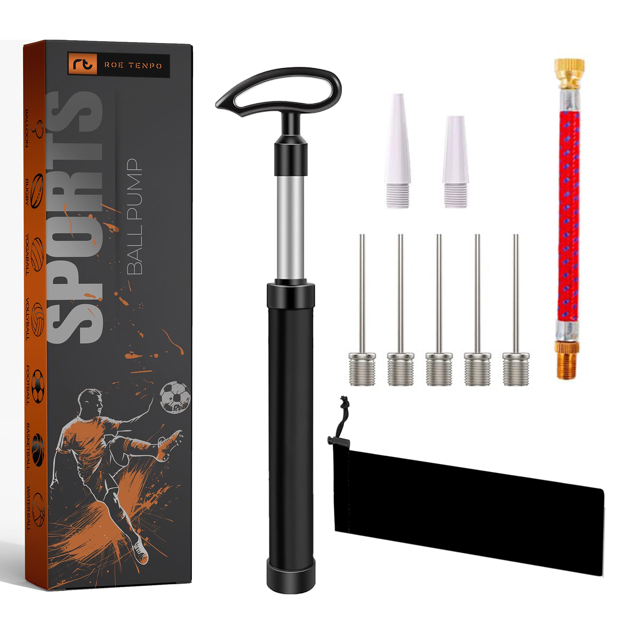 Roe Tenpo Ball Pump with Needle, Nozzle and Extension Hose for Football, Basketball Pump, Rugby Balls - Durable Aluminium-alloy Tube, Ergonomic Design, Fast Air Inflator