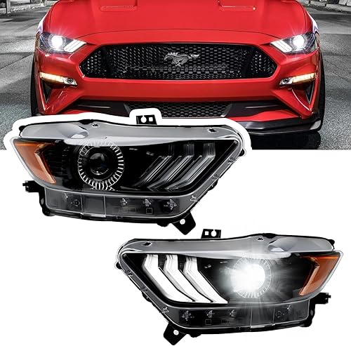 LED Mustang Projector Headlight Assembly, OEM-Style Headlight with Amber Reflector, Headlight Assembly Compatible with Ford Mustang 2015 2016 2017