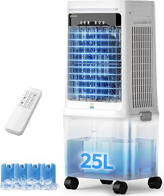 25L Evaporative Air Cooler Fan – 80W Portable Air Conditioner 2000 CFM, 80° Oscillation, 4 Ice Packs, Remote Control, 12H Timer, for Home & Office