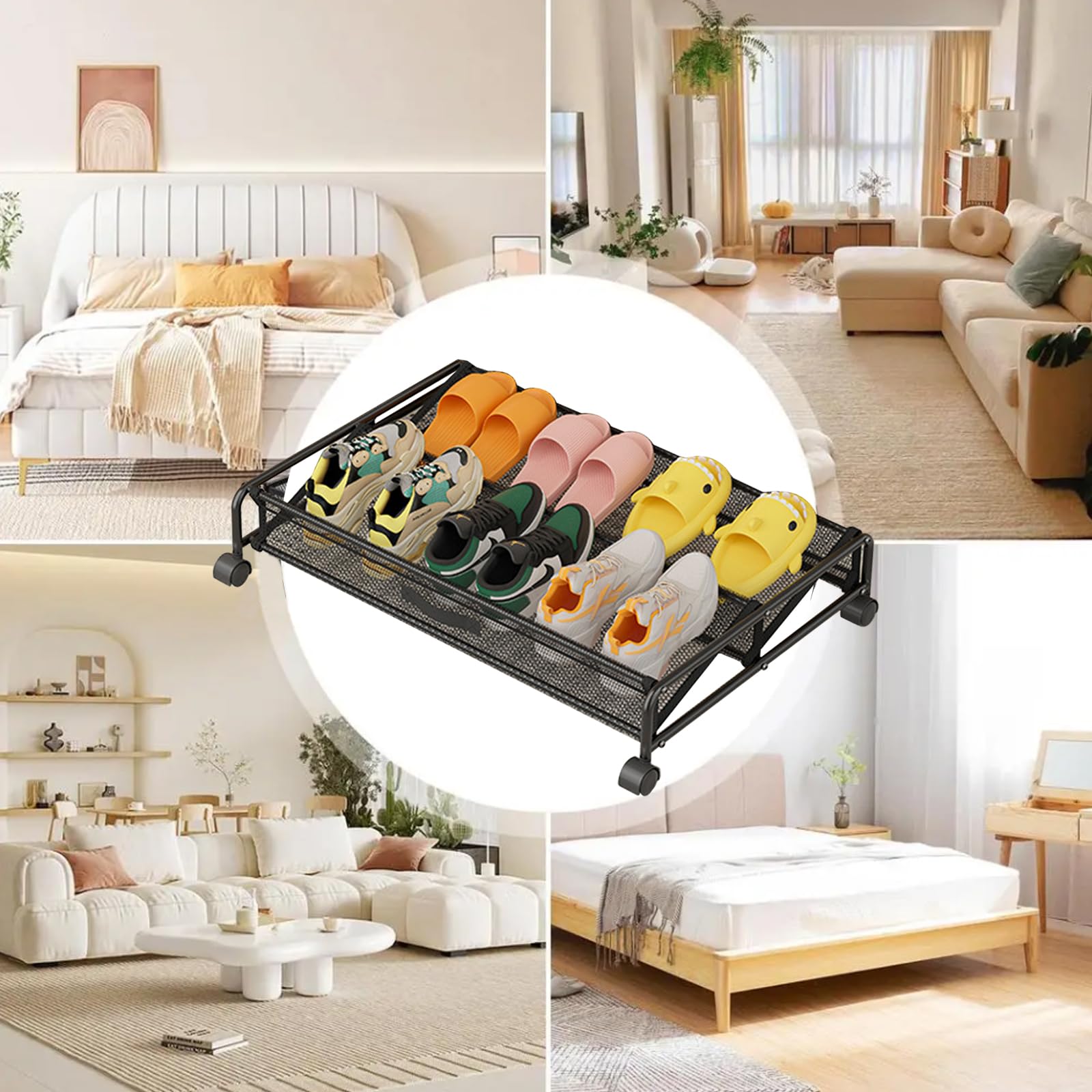 Cómoda de debajo de la cama con ruedas, 89 l, para debajo de la cama, para zapatos, marco de metal, almacenamiento de zapatos debajo de la cama con ruedas para ropa, zapatos, juguetes, libros
