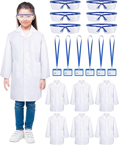 Unittype 6 juegos de 18 piezas de abrigos blancos de laboratorio para niños, niñas, médicos, científicos, abrigo de laboratorio con soporte para