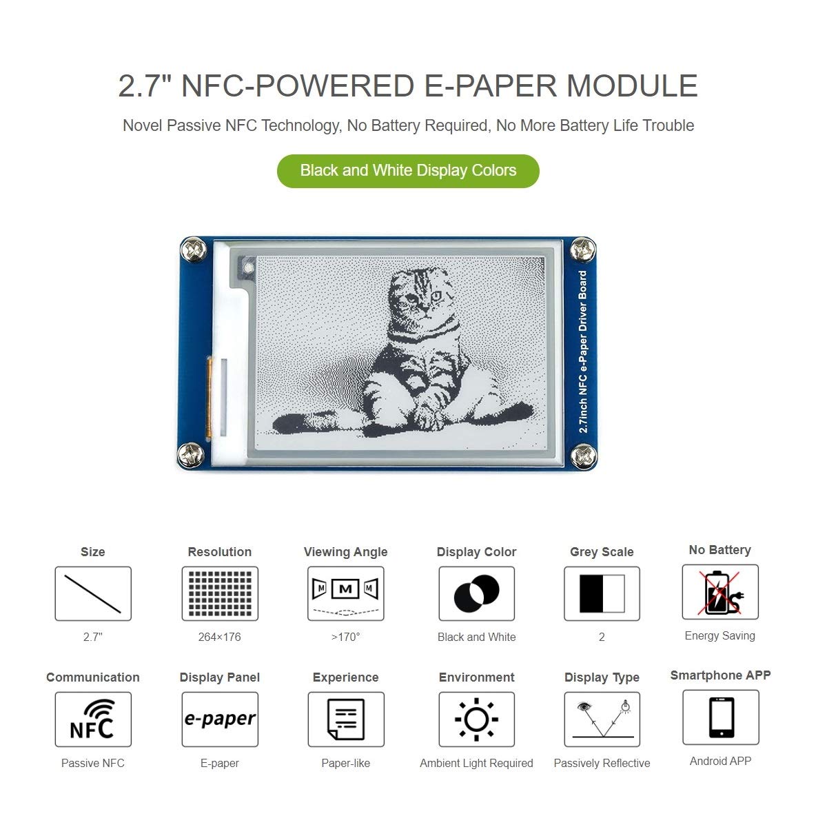 2.7inch Passive NFC-Powered e-Paper Module Black/White e-Ink Display, No Battery Required, Wireless Powering and Data Transfer,Refreshed By Smartphone