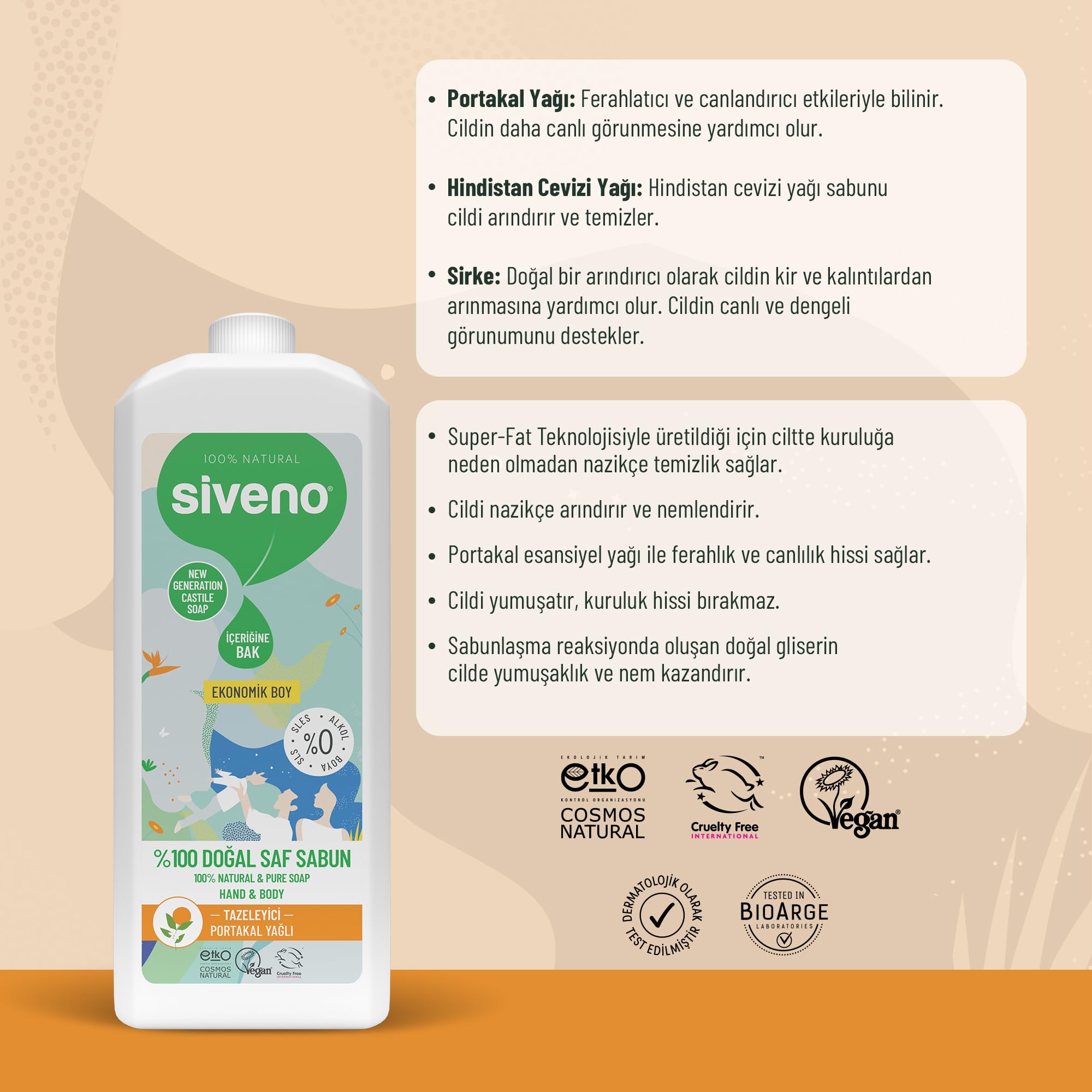 Siveno %100 Doğal Sıvı Kastil Sabun Portakal Yağlı Yoğun Nemlendirici Arındırıcı Bitkisel Vegan 1000 ml
