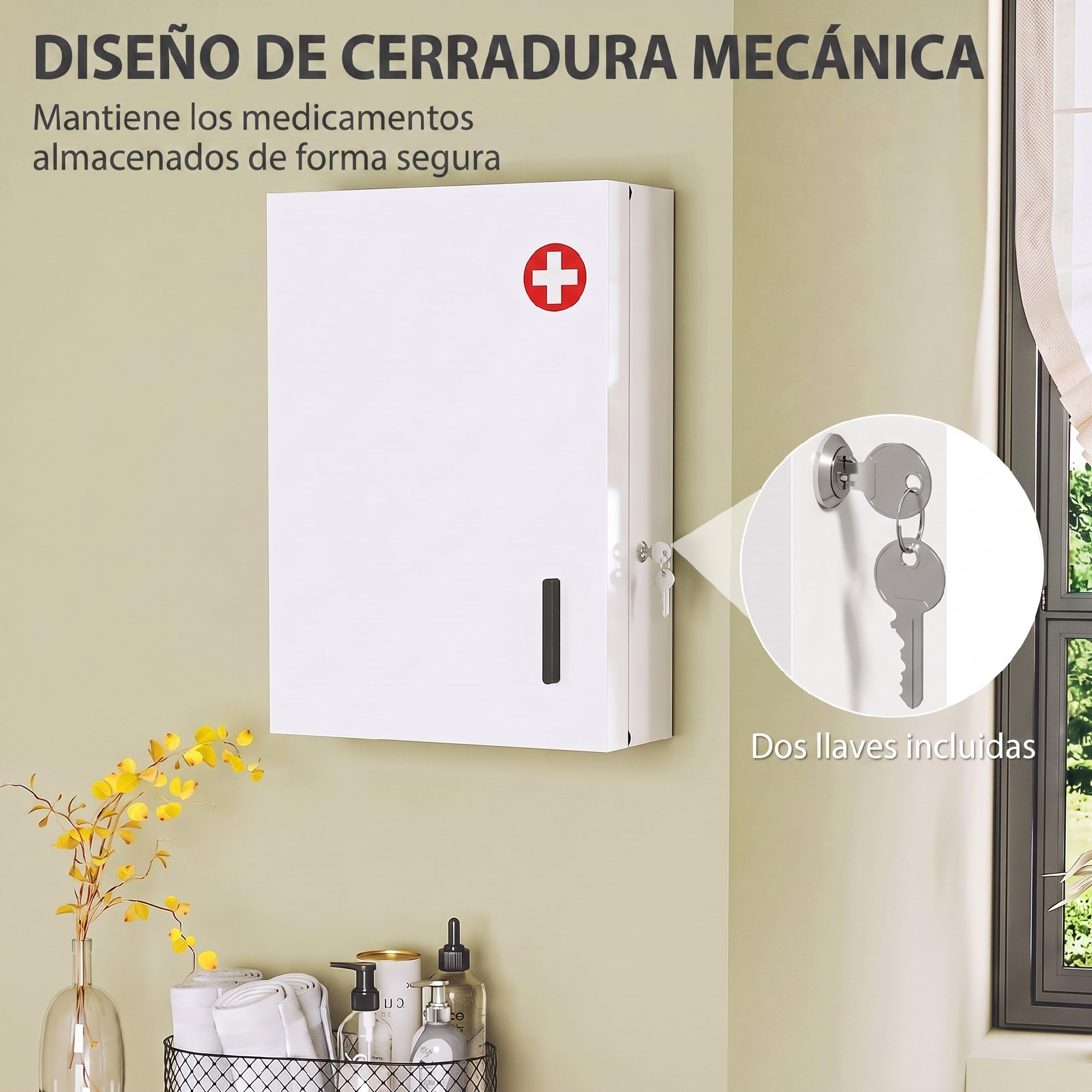 HOMCOM Botiquín de Pared de Primeros Auxilios 2 Llaves 40x18x60 cm Blanco
