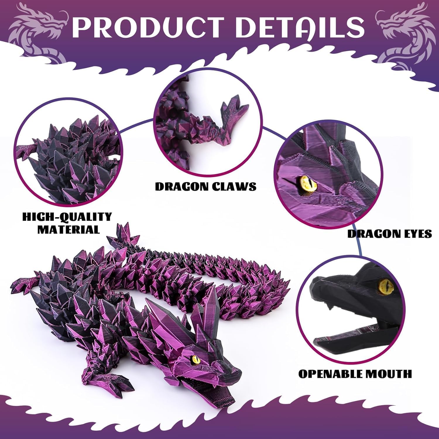 Large 3D Printed Dragon 24 inch- Articulated Crystal Dragon Toys with Wings, Big 3D Printed Animals ADHD Fidget Toy Gifts for Desk Decor, Easter Basket Stuffers and Essentials