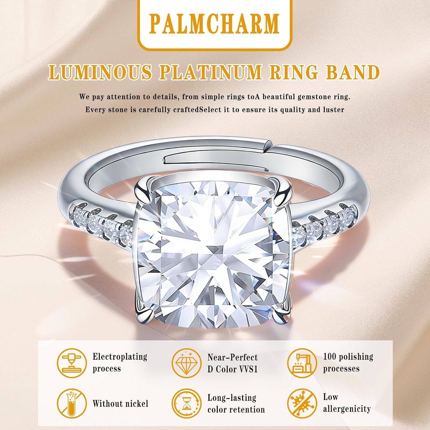 4 Carat Moissanite Engagement Ring for Women, Cushion/Round Cut 4CT Moissanite Wedding Ring, 14K Rose Gold/White Gold Plated Adjustable Bridal Promise Ring, Hypoallergenic Anniversary Ring with Gift Box