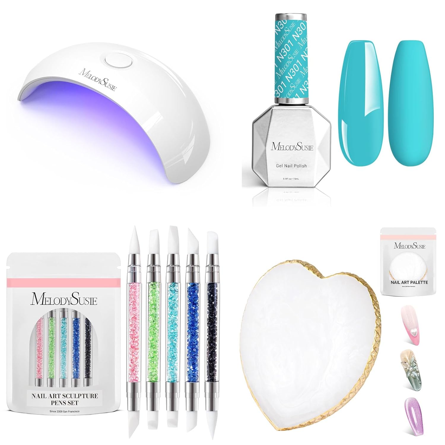 Melodysusie UV Nail Lamp with Nail Art Palette and Blue Gel Nail Polish and Nail Art Sculpture Pen
