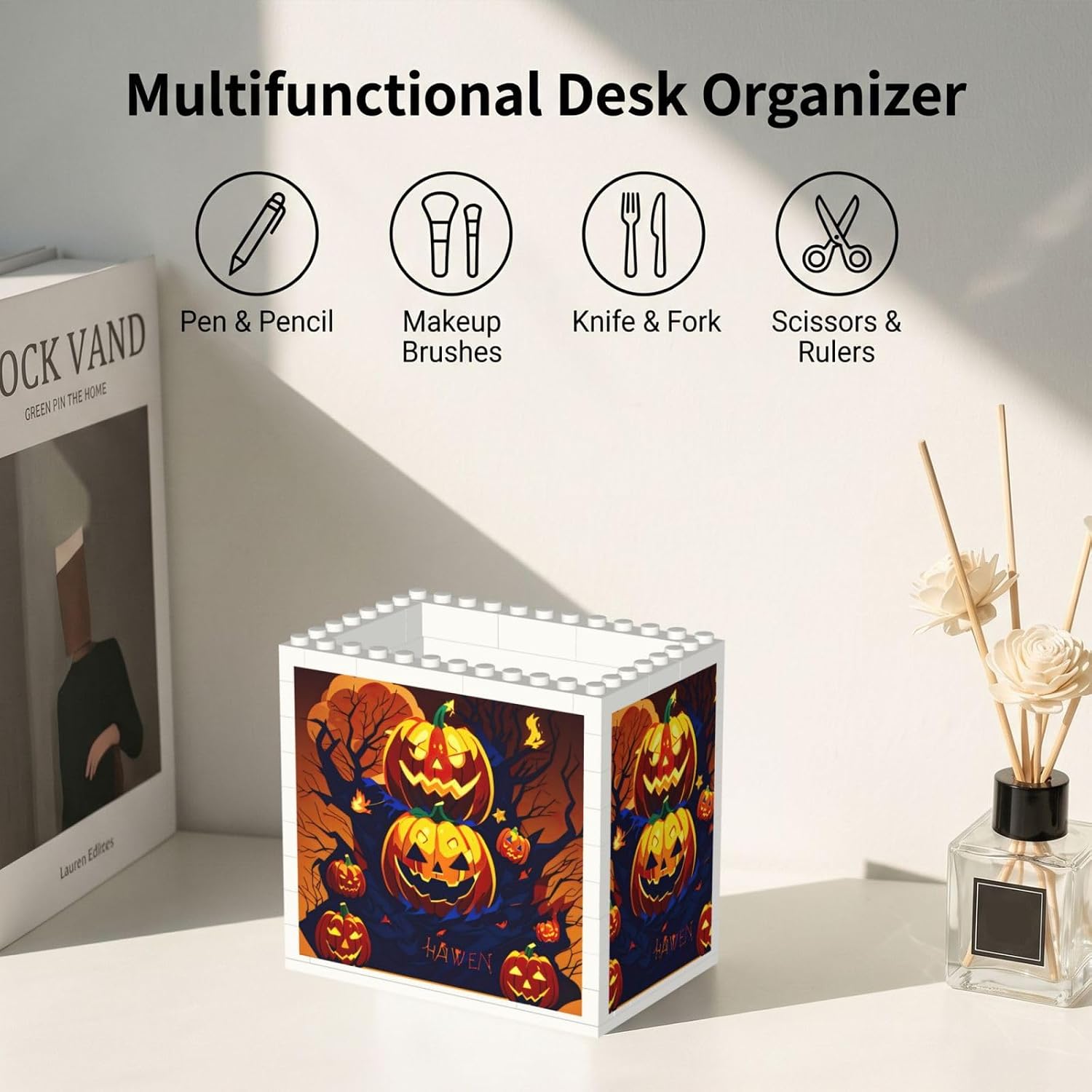 Halloween Pumpkin Print Uv Print Block Pencil Cup, Detachable Creative Block Desk Organizer Office Abs Pen Holder image 5