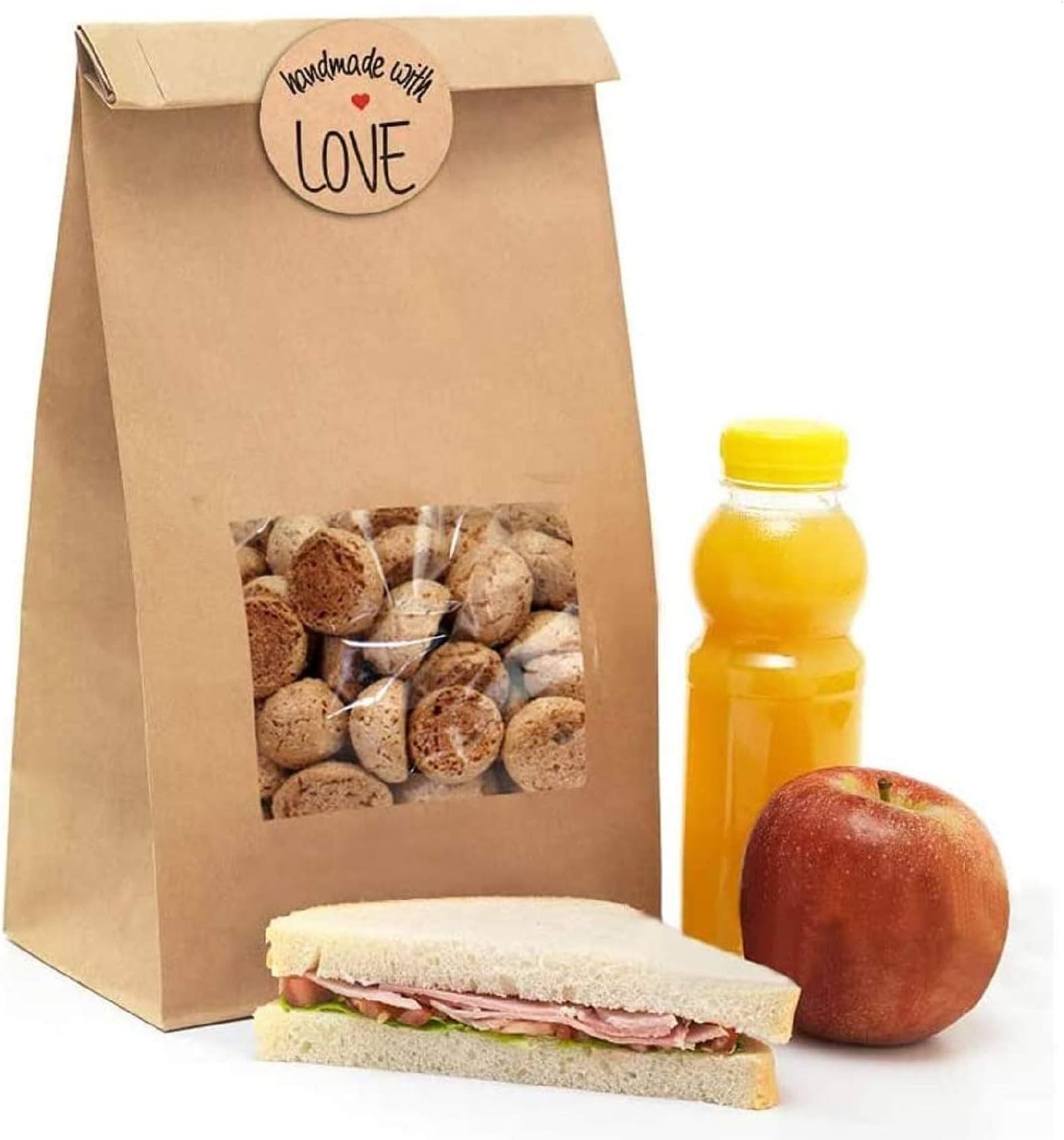 NPLUX 50Pcs Brown Bakery Bags with Window Kraft Paper Bags with 50Pcs Handmade Stickers for Storing Cookie Dried Foods Snack