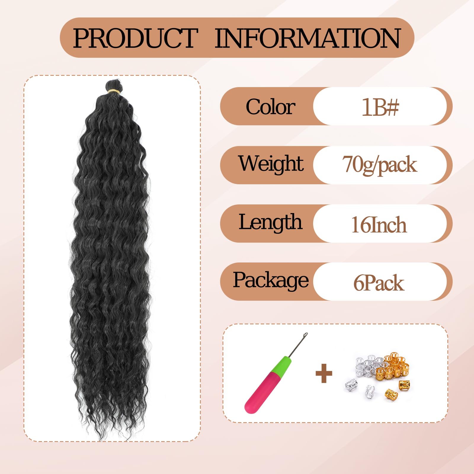 TAOYEMY Deep Wave Crochet Curly Braiding Hair 16 Inch 6 Packs Ocean Wave Crochet Hair Extensions Synthetic Curly Crochet Hair For Women (1B - Image 2