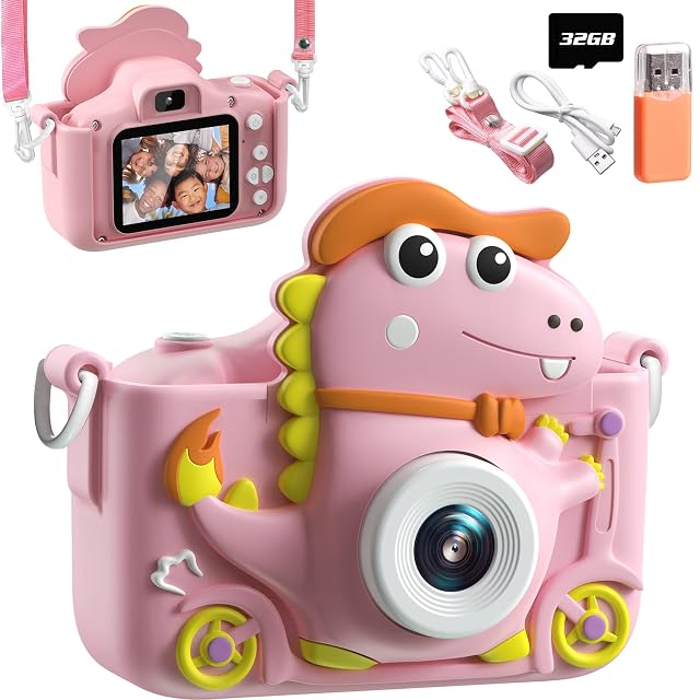 Cámara Digital Infantil Dinosaurio 1080P, 2" HD Selfie, 32GB Memoria, Regalo 3-12 Años, Rosa