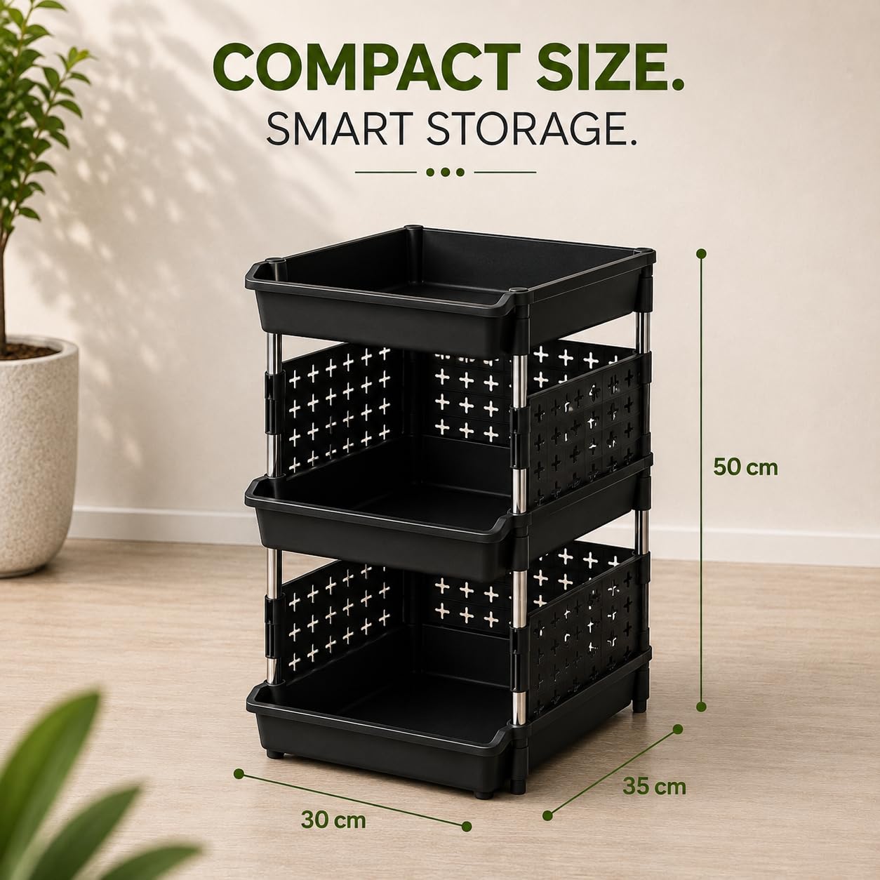 MECHDEL 3 Tier Plastic Storage Rack Organizer/Stackable Kitchen Organiser Rack/Breathable Design Shelf Storage Stand/Multipurpose Protable Rack for Clothes, Kitchen, Office,toys and Pantry (Black)| Made in India 2