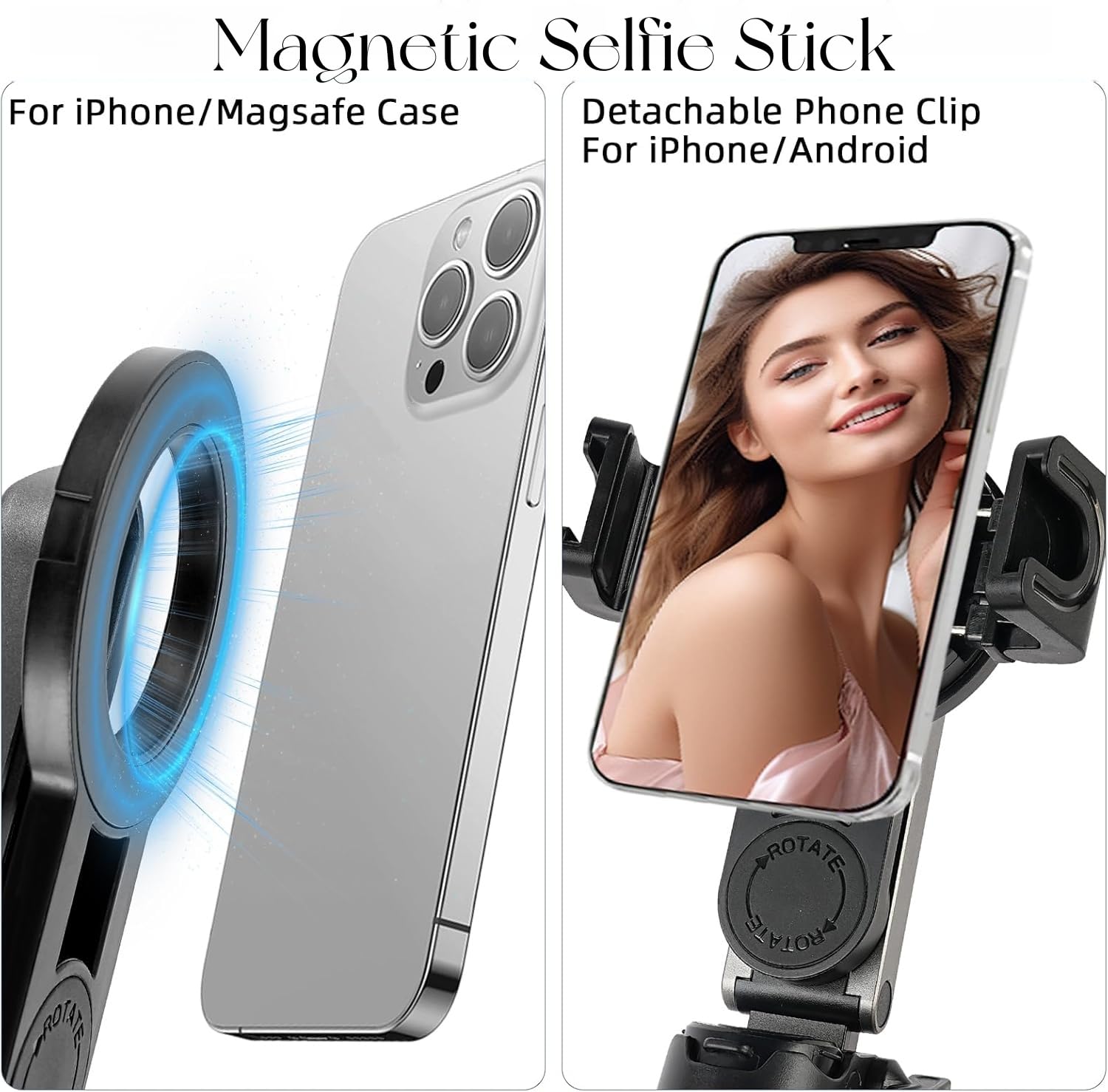 Bastone per selfie magnetico multifunzione 4 in 1, rotazione a 360°, per iPhone/Android, treppiede portatile estensibile con telecomando staccabile, supporto universale per telefono e anello in