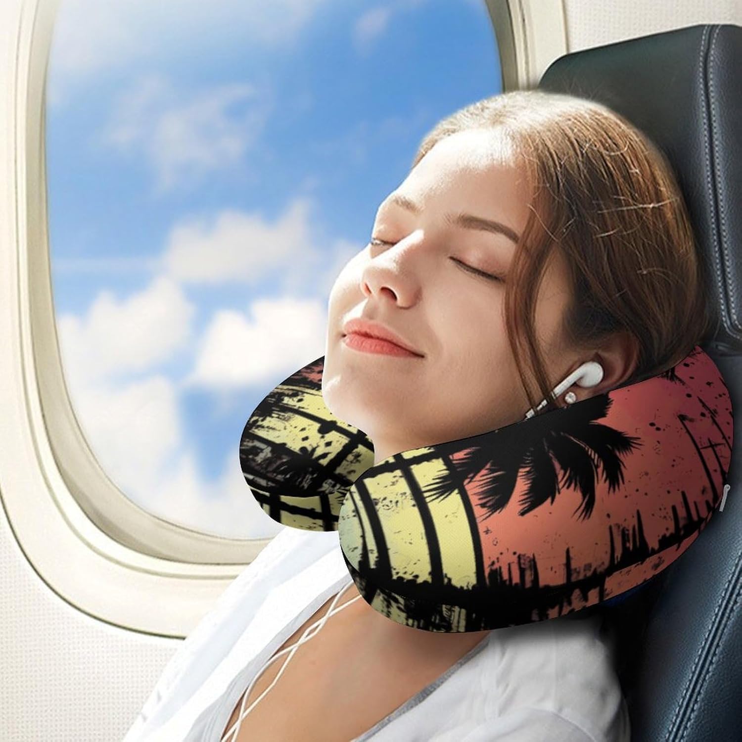Vintage Sunset Palm Tree Funny Travel Pillow U Shaped Memory Foam Neck Pillows Portable for Flight Car Home Office