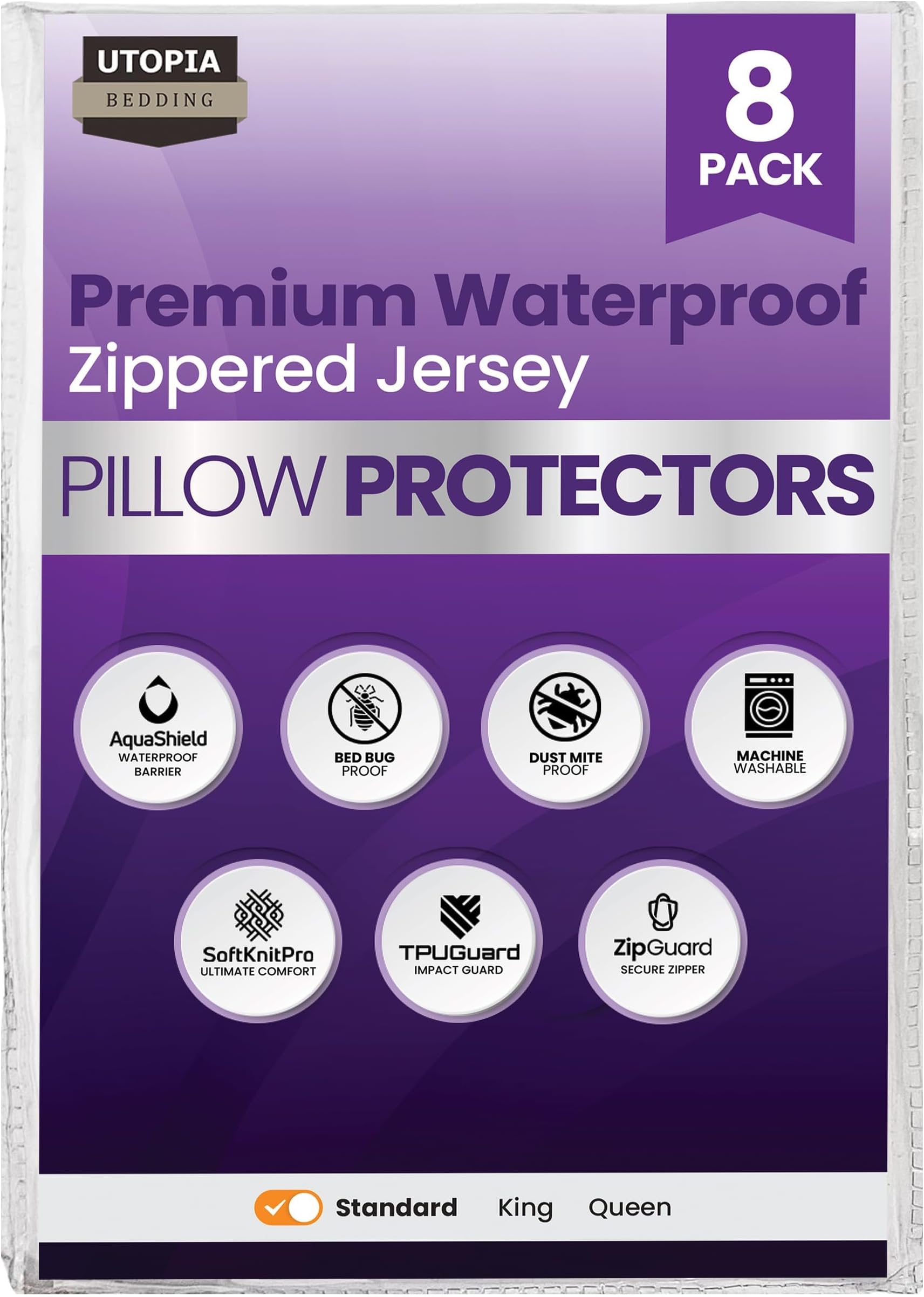 Set of 8 Pillow Protectors with Zipper Standard Size, Bed Bug and Dust Mite Proof Pillow Covers, Ultra Soft Pillow Encasements, Moisture Wicking and Waterproof Pillow Cases by Utopia Bedding (White)