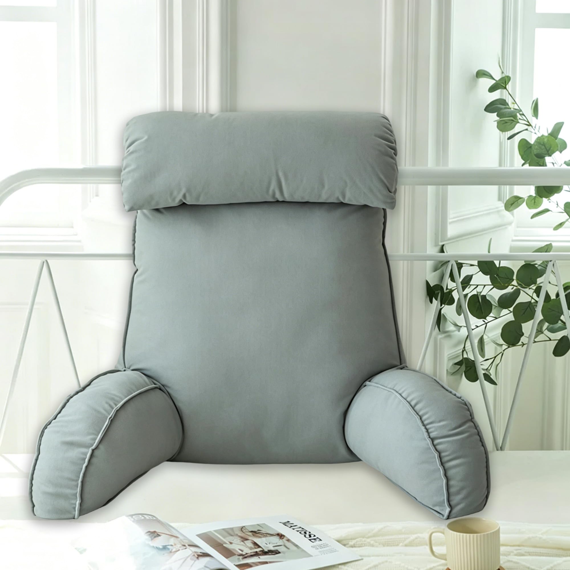 Hruile Light Gray Reading Pillow With Headrest, Back Arms Support Cushion For Adults And Kids, Backrest Pillow With Removable Cover, Cuddle Cushion For Sitting Gaming Relaxing (75×40×55Cm,)