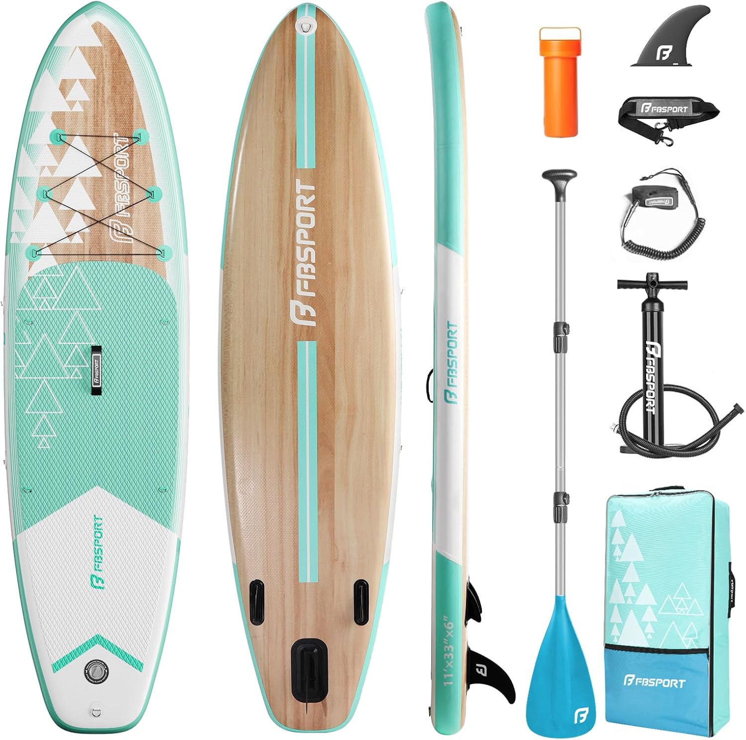 FBSPORT 11' Premium Stand Up Paddle Board, Yoga Board with SUP Accessories & Carry Bag | Wide Stance, Surf Control, Non-Slip Deck, Leash, Paddle and Pump for Youth & Adult