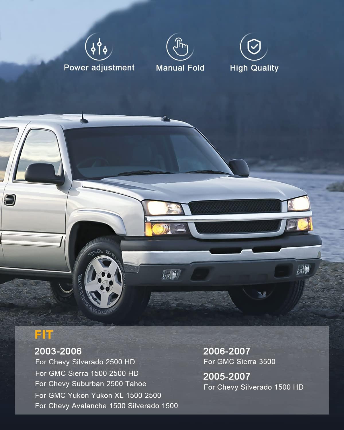 Set Side Mirrors Assembly Fit for 2003-2007 For Chevrolet Avalanche Silverado For GMC Sierra Yukon Manual Fold Power Smooth Black