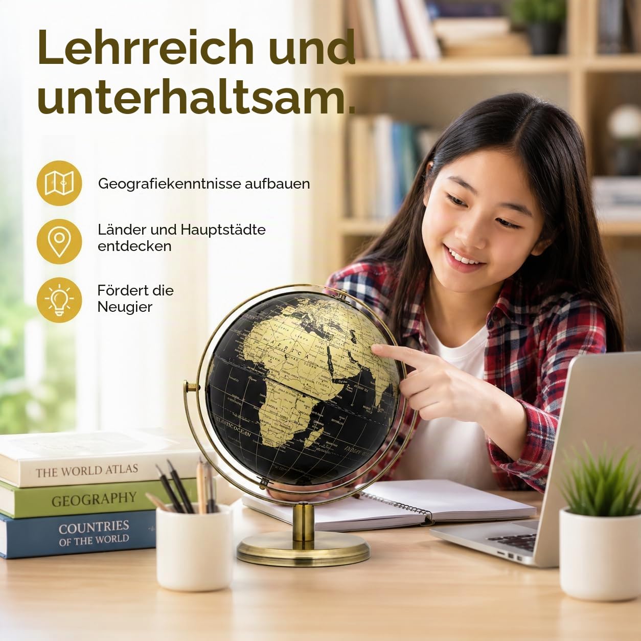 EXERZ 20 cm Globus Schwarz & Golden, 360 Grad Drehbar - Weltglobus Pädagogisch Geografisch - Bronzener Bogen und Sockel. Englische Karte.