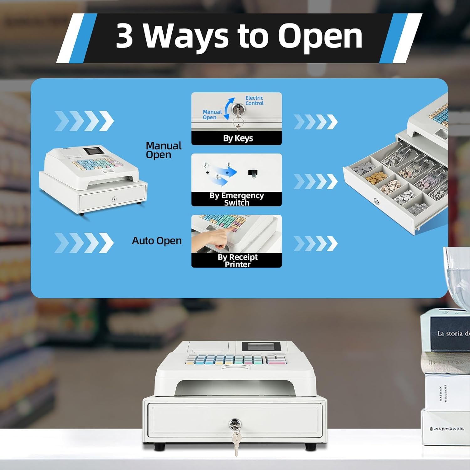 Sistema Tpv con Cajón Portamonedas, 48 ​​Teclas, Pantalla Led De 8 Dígitos, Caja Registradora Comercial E Impresora para Comercios Y Restaurantes: Gestión Electrónica De Efectivo Eficiente.
