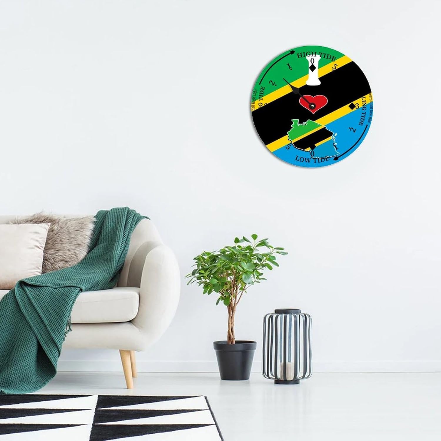 Rustic Wood Tide Clock Tanzania Flags Ocean Time Wooden Clock Wood Moon Tidal Clock for Wall High and Low Tide Movement Clock for Seaside House Cottage Hotel Camping 12x12 in
