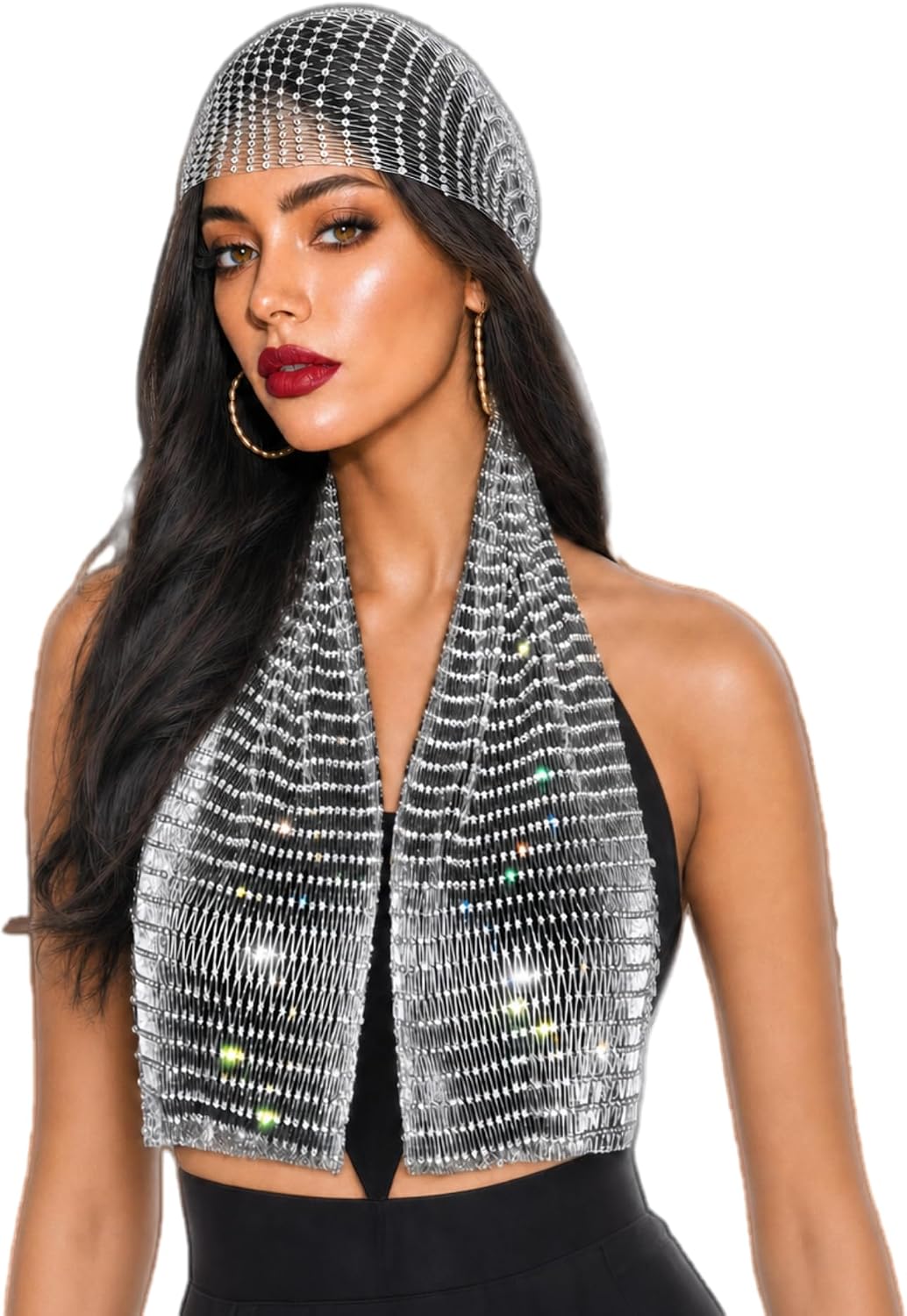 Munyee Hua Rhinestone Long Mesh Sparkle Rhinestone Rave Dress Headscarf Headband