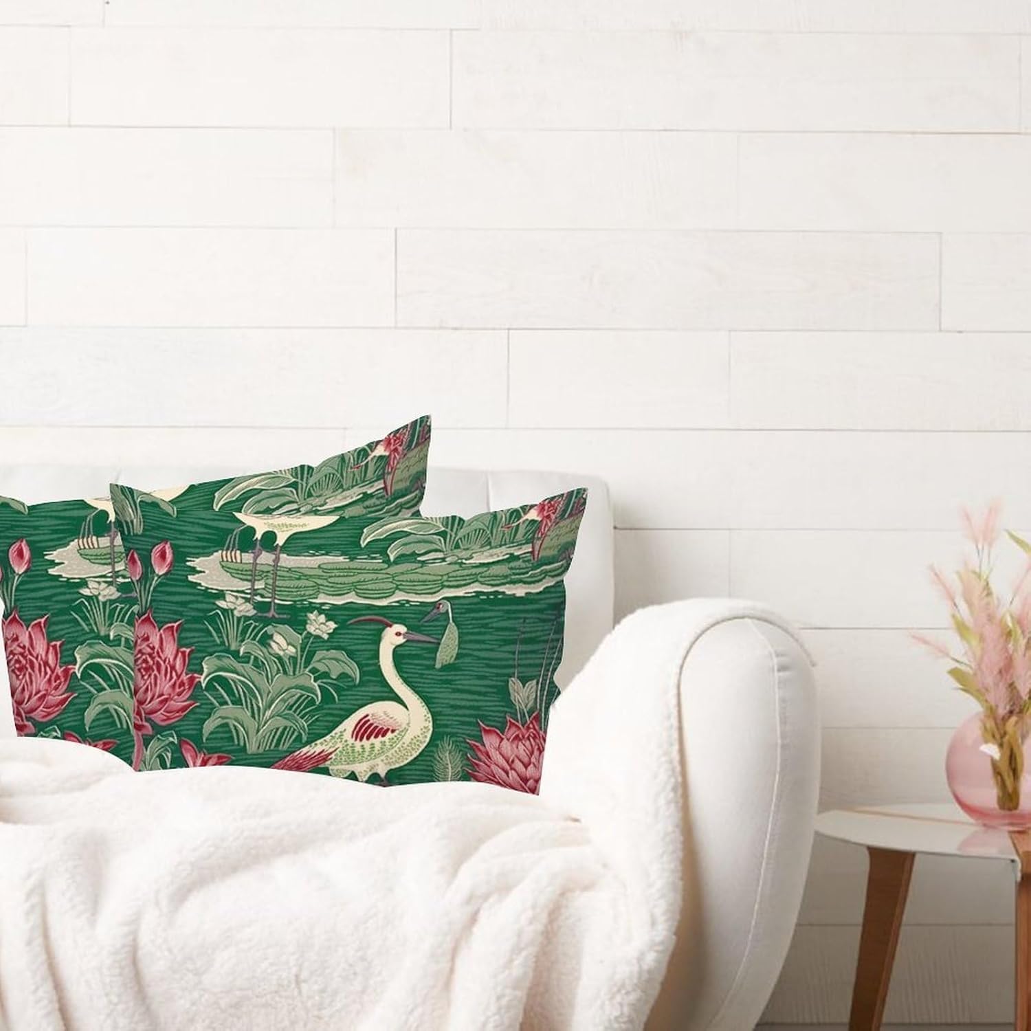 Lotus Crane Gardens Throw Pillow Cover Set of 2 Dynasty Lumbar Pillow Cover 20x30in Decorative Pillow Home Cotton Linen Ethnic Square Cushion Cover for Couch Sofa Living Room Decor