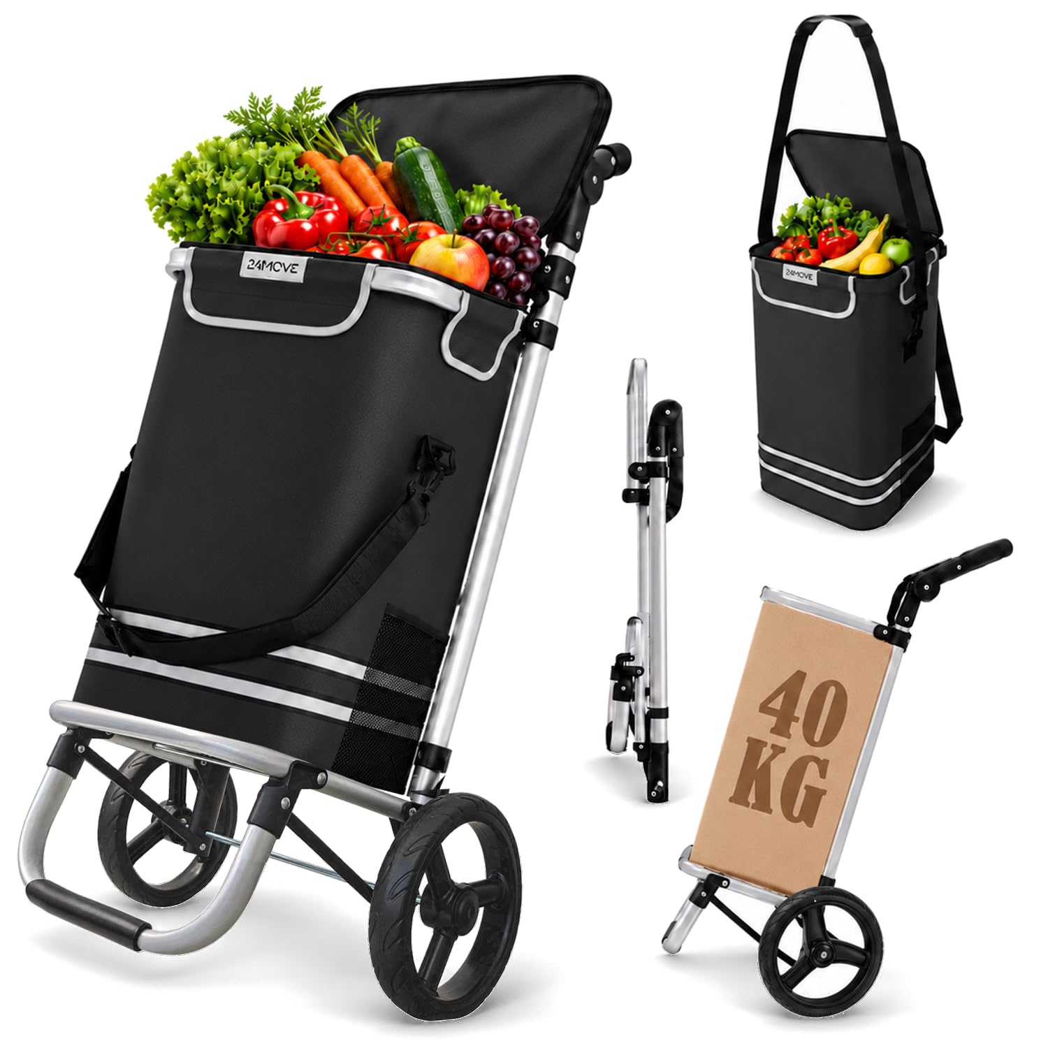 24MOVE® Einkaufstrolley Vehlo klappbar mit 55L inkl. Kühlfach, Faltbarer 3in1 Trolley - Sackkarre und Tasche, bis 40kg belastbar, schwarz