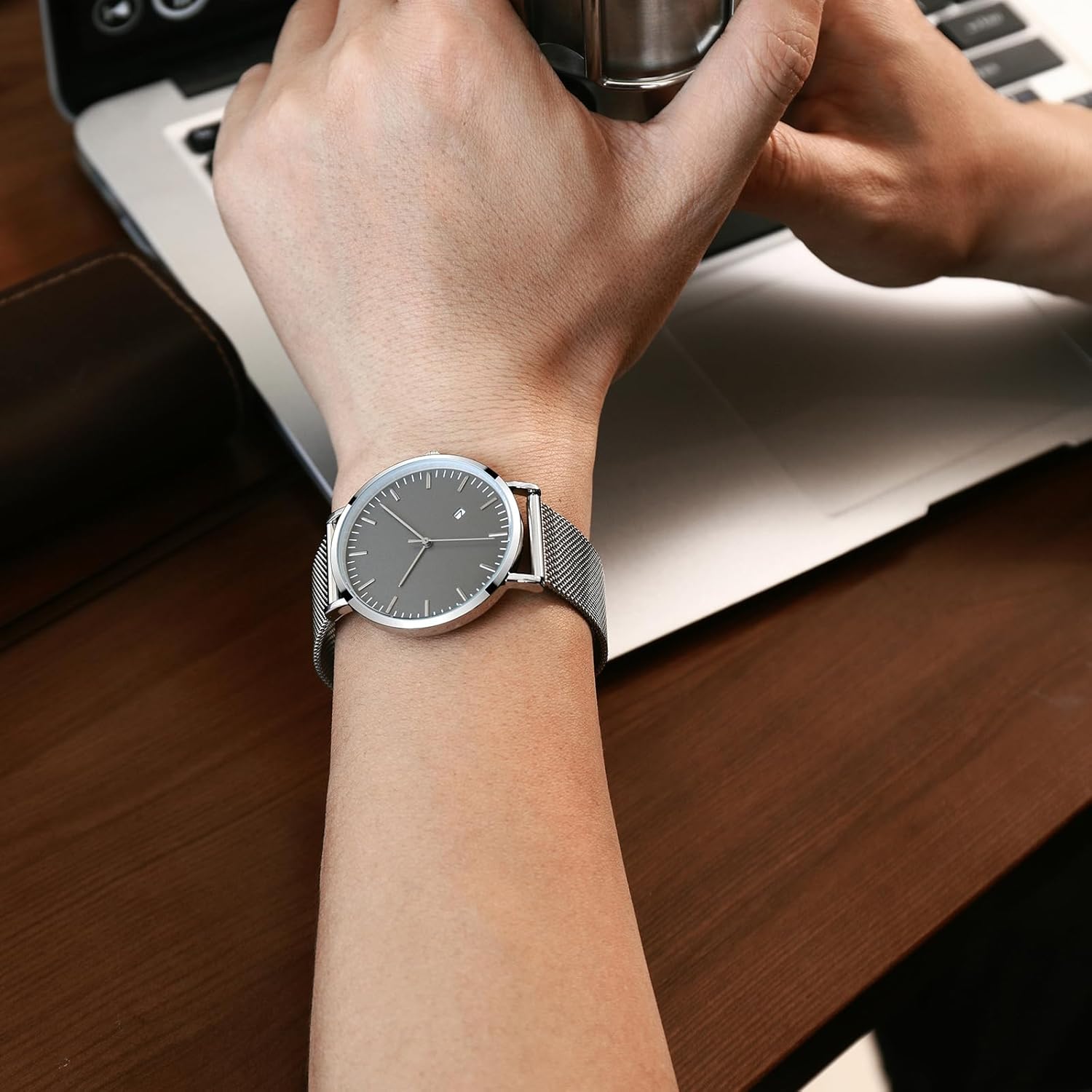 Mens Watches Sleek Minimalist Analog Quartz Waterproof Watches for Men, Stainless Steel Mesh Band Men's Wrist Watch with Auto Date 85 Silvery image 5 of 7 B0F8HMTKR7