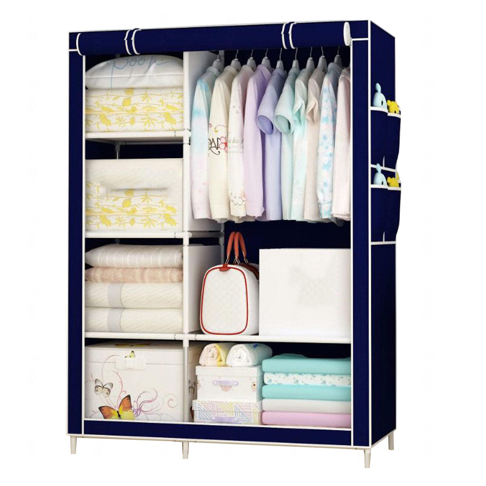 Armoire en tissu avec tringle et poches latérales pour maximiser le rangement