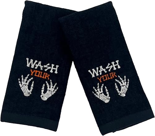 Toallas decorativas de Halloween para los dedos divertido diseño de lavarse las manos o los huesos, negro 12 "x 18" pulgadas, juego de 2