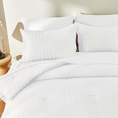 Miniatura 7 de JOLLYVOGUE Juego de edredón de sirsaca blanco tamaño King, cama de 7 piezas en una bolsa, edredón de lujo suave para todas las estaciones, juego de