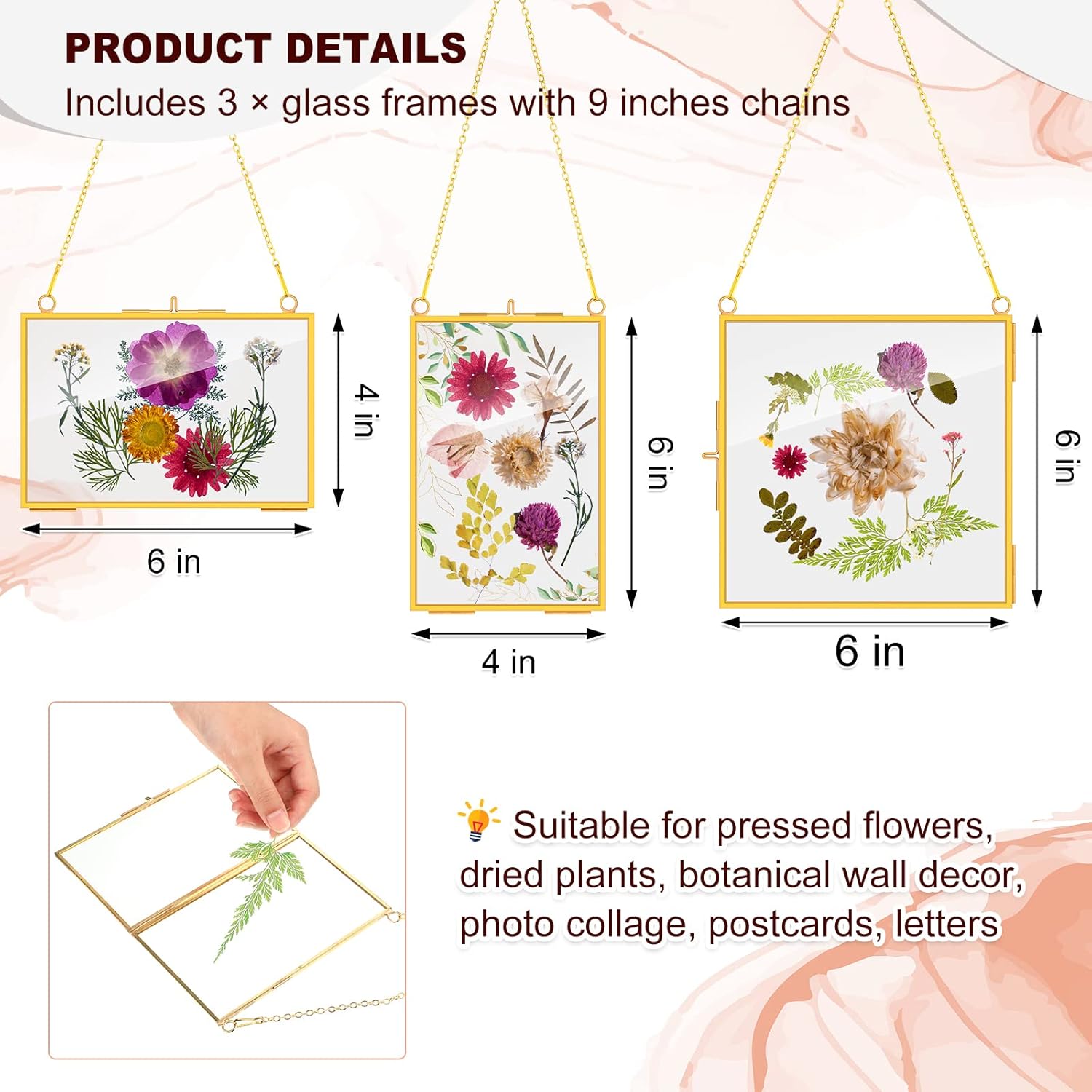 Chunful 9 Pieces Double Glass Frame for Pressed Flowers Hanging Picture Frames Photo Display Gold Metal Brass Floating Frame with Chain for Artwork Art Specimen Wall Plant DIY Gallery, 3 Sizes